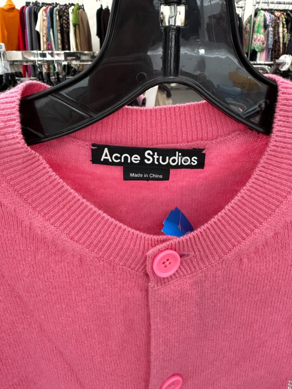 $389 Acne Studios Tango Pink Embellished Face Logo Cardigan Sweater size Large - Picture 10 of 11